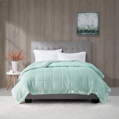 Lightweight Down Alternative Blanket With Satin Trim In Seafoam