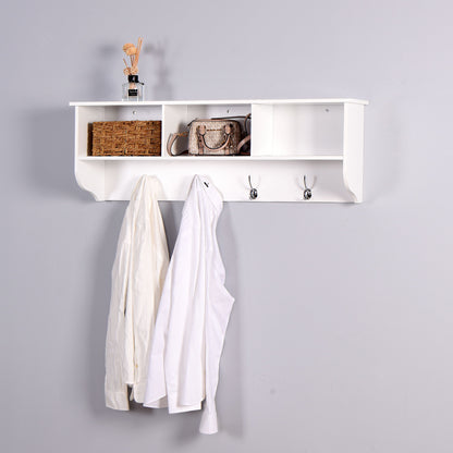 Entryway Wall Mounted Coat Rack With 4 Dual Hooks Living Room Wooden Storage Shelf - White