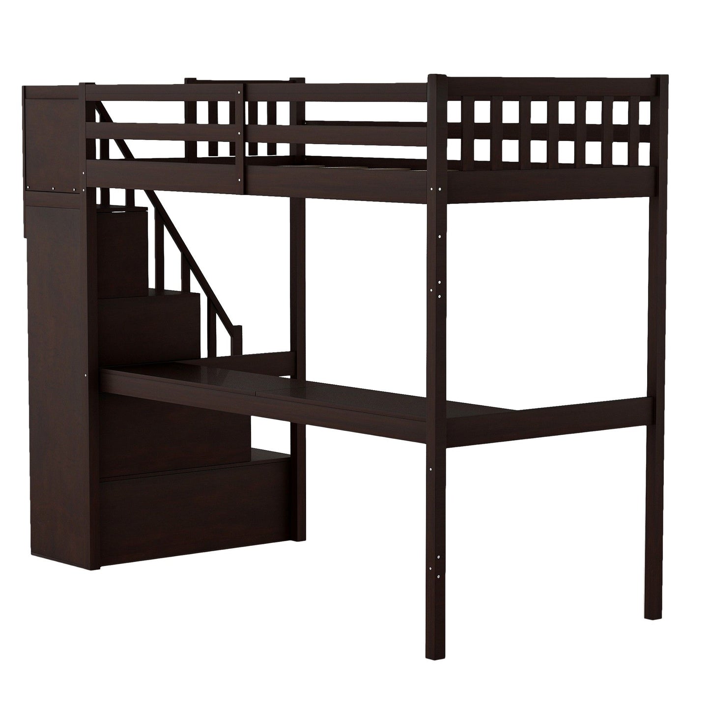 Twin Size Loft Bed with Built In Desk and Stairway - Espresso