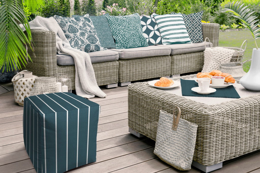 Polyester Cube Striped Indoor / Outdoor Pouf Ottoman - Turquoise