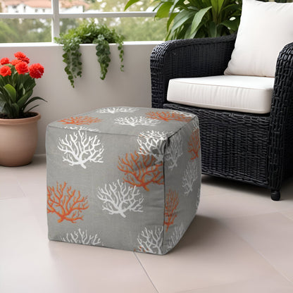 Polyester Cube Coral Outdoor Pouf Ottoman - Gray White / Orange