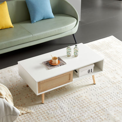 41.34" Rattan Coffee Table, Sliding Door For Storage, Solid Wood Legs, Modern Table For Living Room