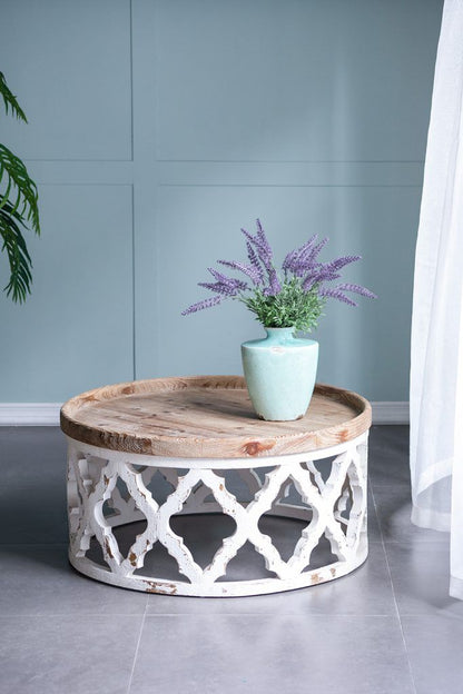 Rustic Round Wooden Coffee Table - White