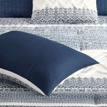 3 Piece Cotton Comforter Set With Chenille Tufting, Navy