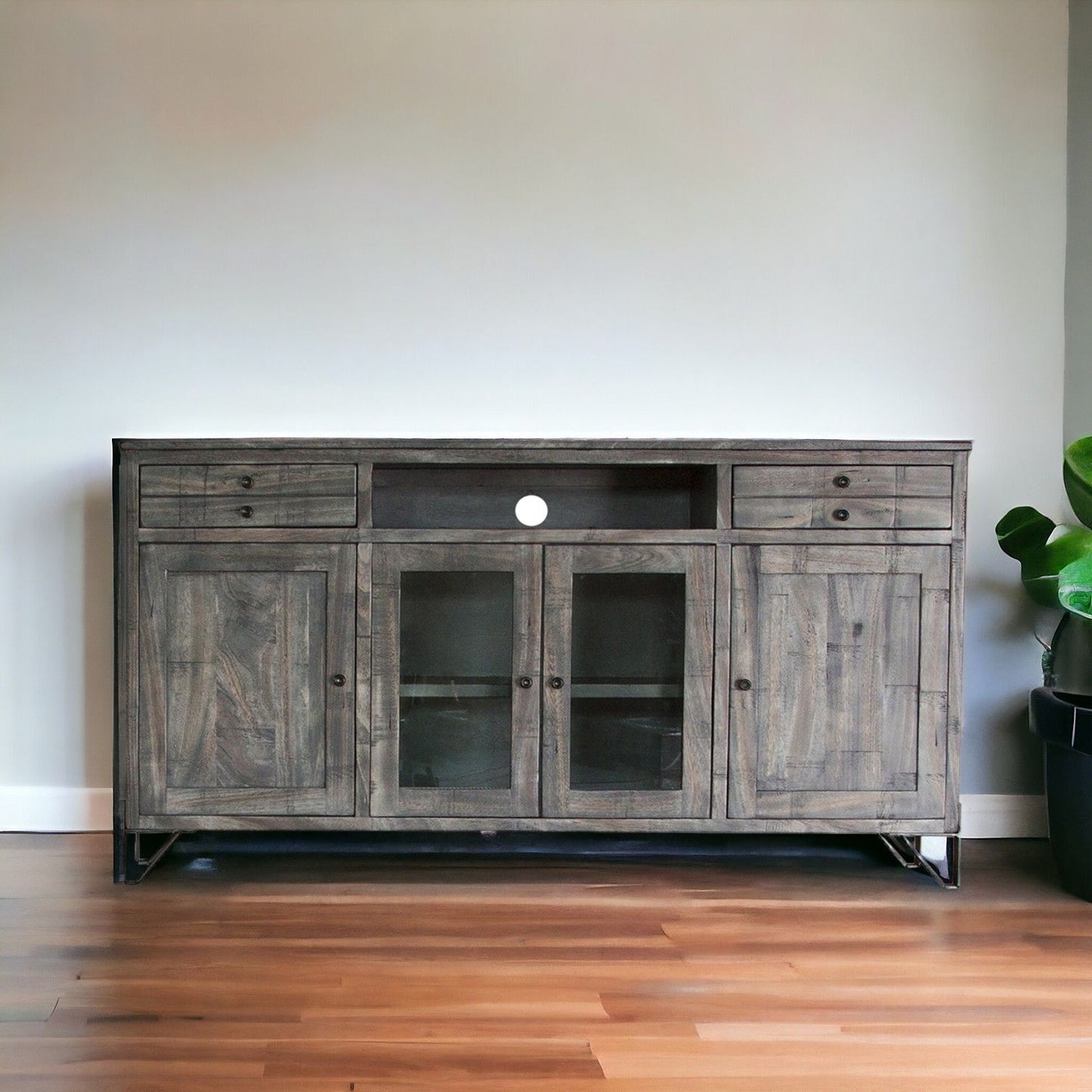 Solid Cabinet Enclosed Storage Distressed, TV Stand - Brown