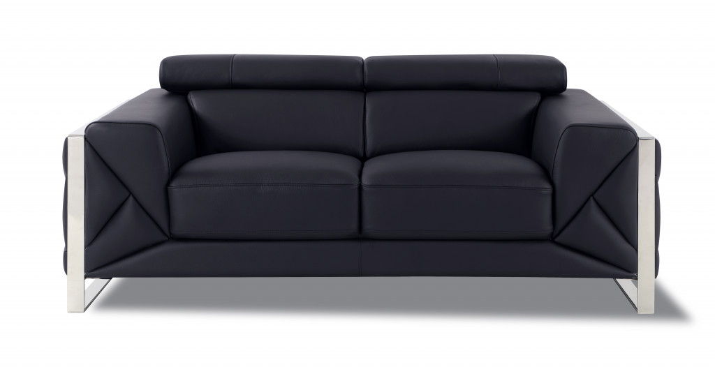 Italian Leather Loveseat - Black / Silver