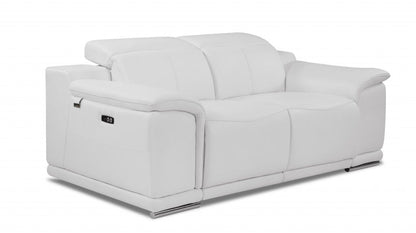 Italian Leather, Power Reclining Loveseat - White / Silver