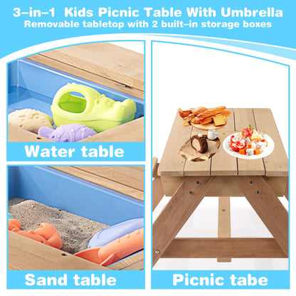 3-In-1 Kids Outdoor Wooden Picnic Table With Umbrella, Convertible Sand & Water, ASTM & CPSIA Certification