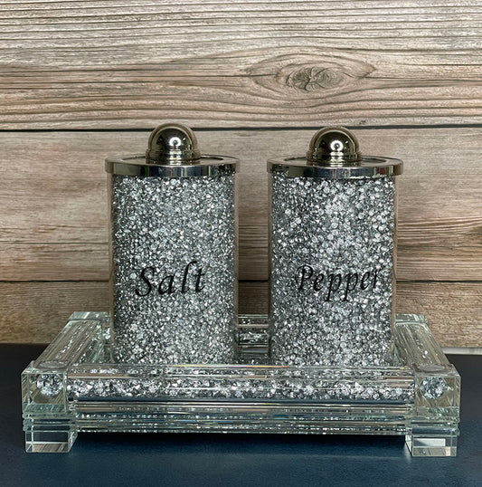 Ambrose Exquisite Salt & Pepper Canisters With Tray In Crushed Diamond Glass In Gift Box - Silver