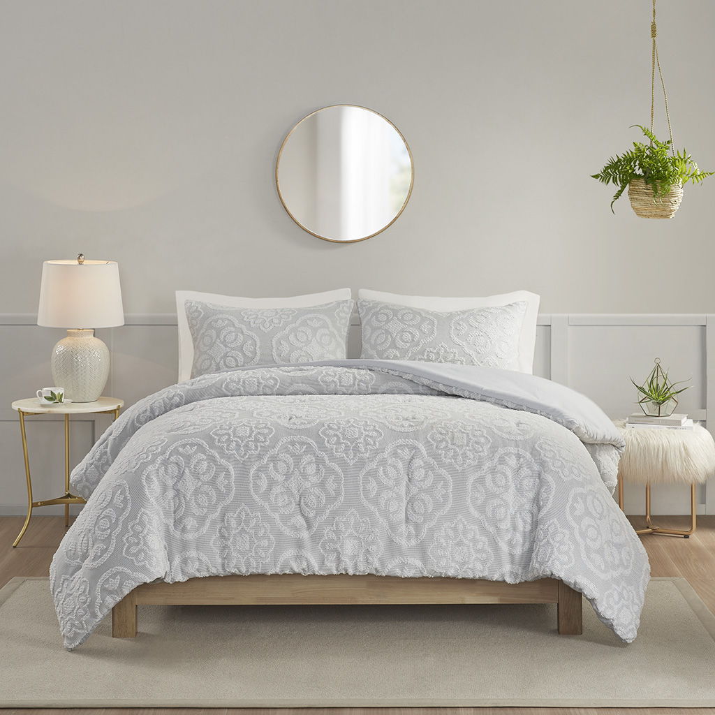 3 Piece Tufted Woven Medallion Comforter Set - Grey / White