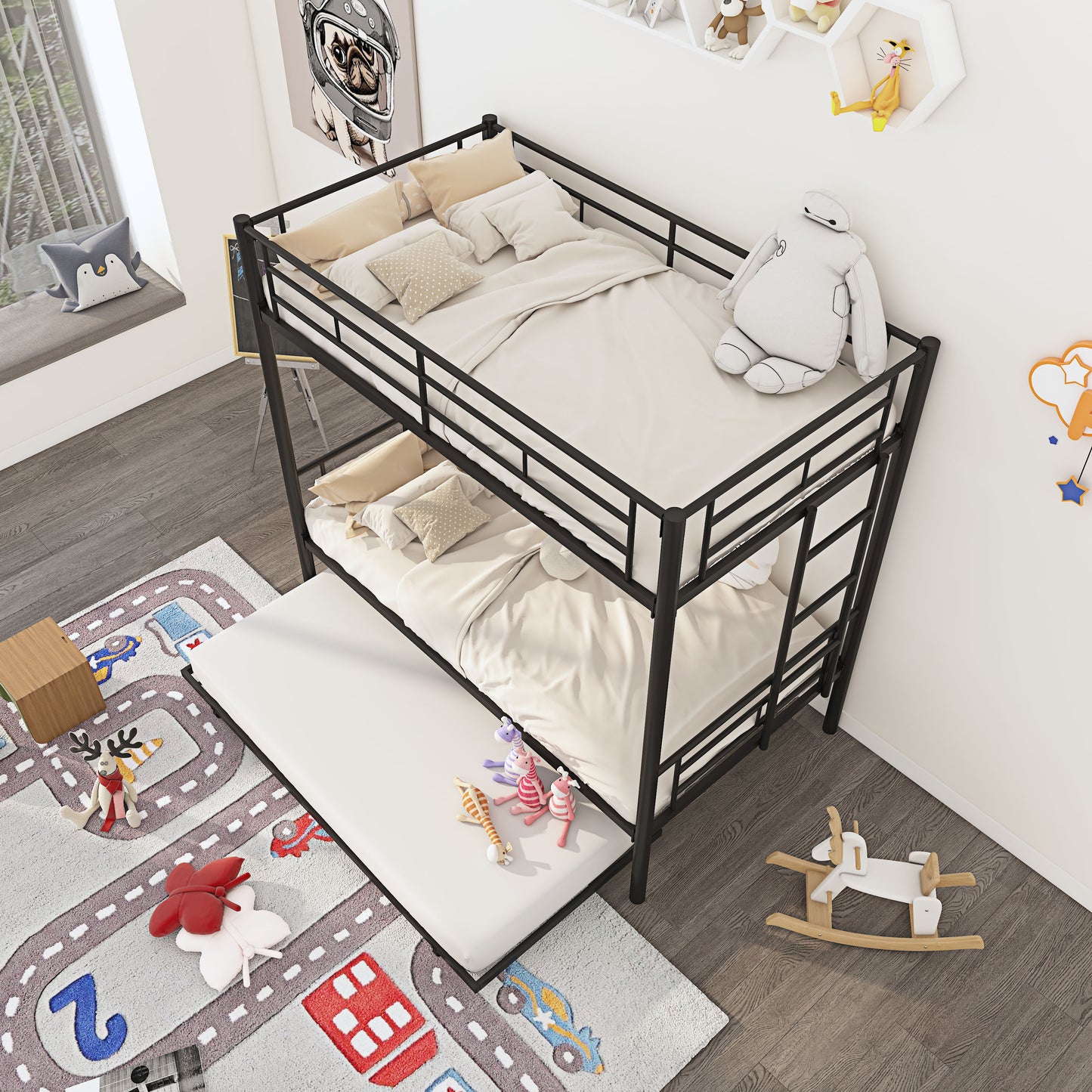 Twin Over Twin Metal Bunk Bed Frame with Trundle（Upgrade reinforcement version）