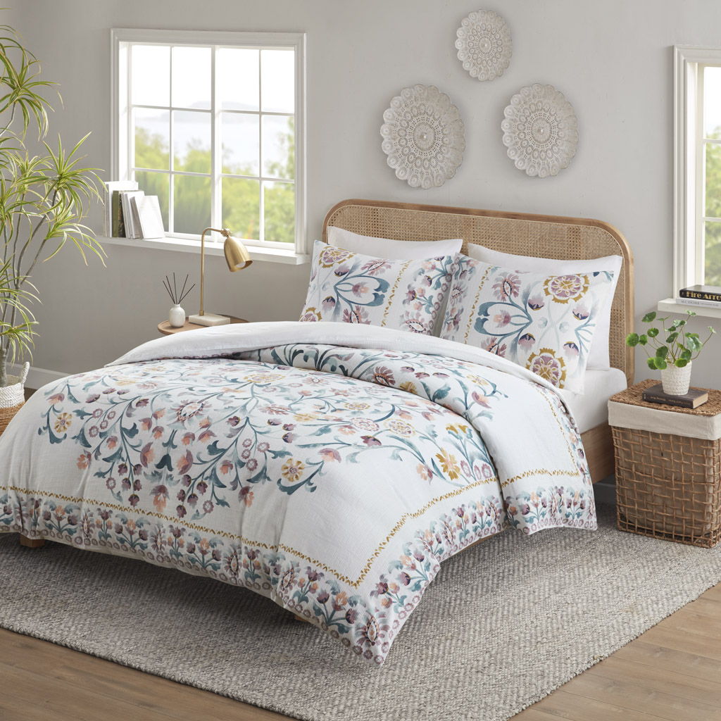 3 Piece Floral Duvet Cover Set - White / Multi / Cotton