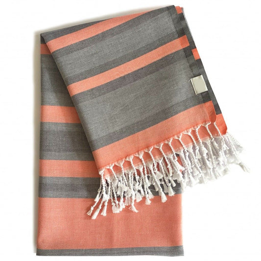 Striped Design Turkish Beach Blanket - Peach / Dark Gray