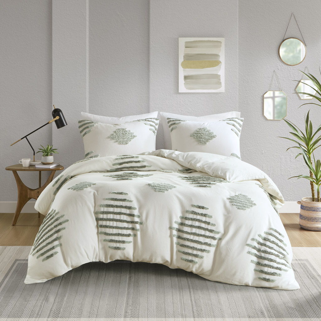 3 Piece Cotton Blend Chenille Duvet Cover Set - Ivory / Dark Green