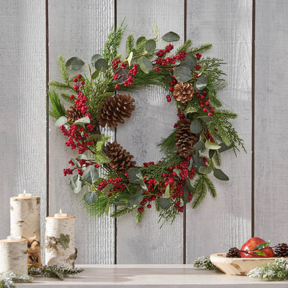 22" Berry / Eucalyptus / Pinecone Wreath - Green Leaves