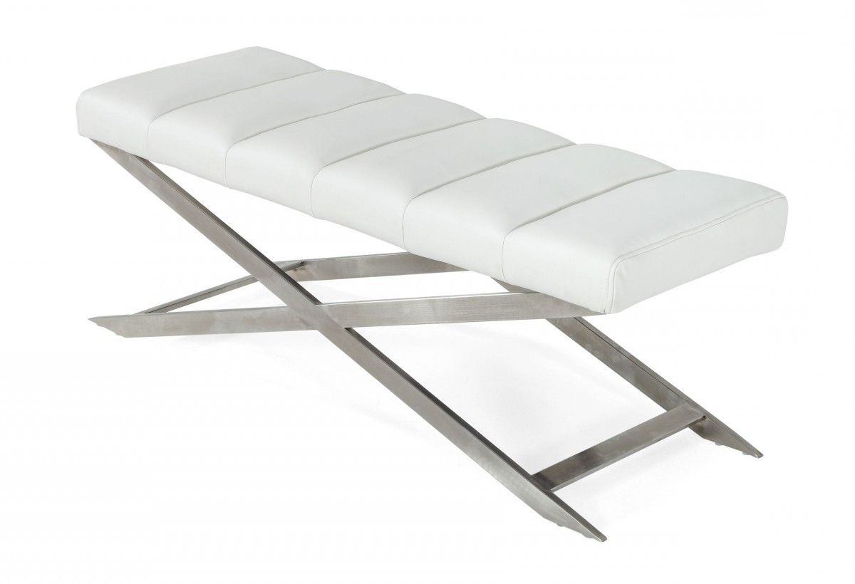 Upholstered Faux Leather Dining Bench - White / Silver