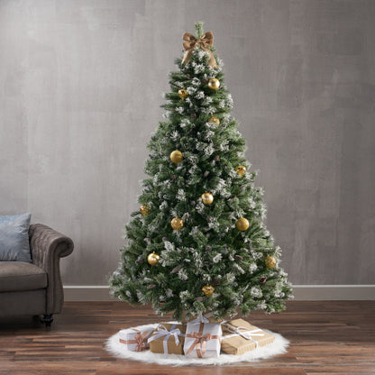 7' Brilste Mixed Hinged Tree With Snow And Glitter And 78 Frosted Pine Cones And