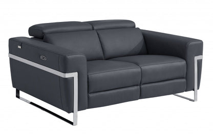 Italian Leather Power Reclining Loveseat - Gray / Silver