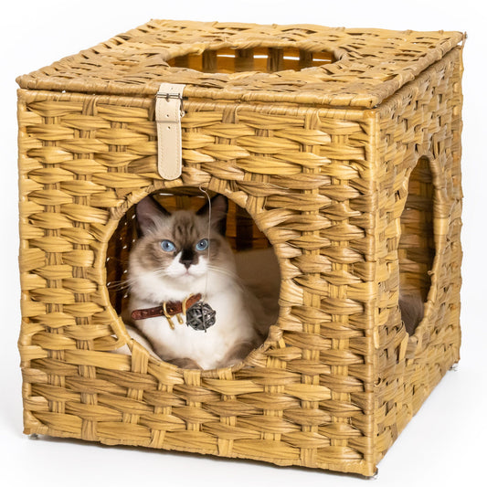 Rattan Cat Litter, Cat Bed With Rattan Ball And Cushion, Yellowish Brown