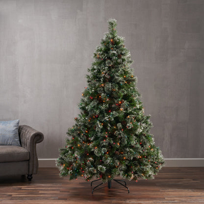 7' Faux Cashmere And Snow Bristle Mixed Tree With 75Pine Cones And 900Multi Lights - Ul, 1233Tips