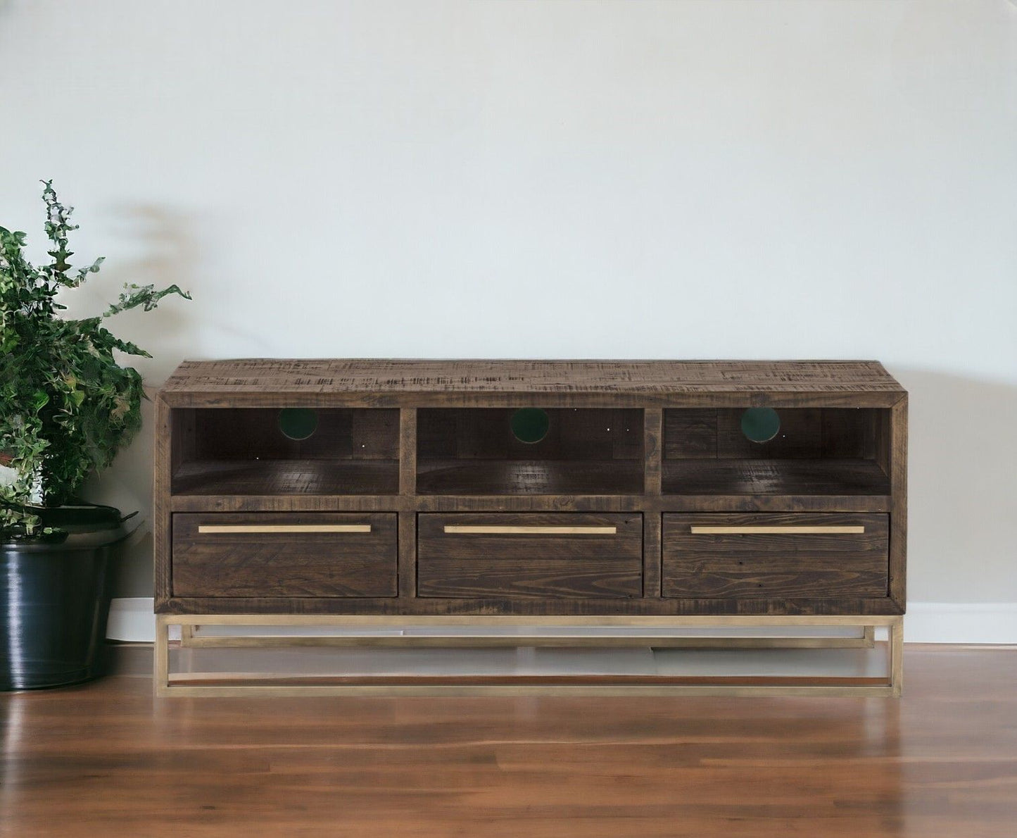 Reclaimed Pine And Plywood Open Shelving TV Stand - Deep Taupe