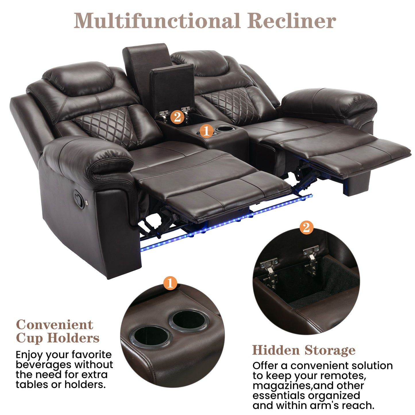 Home Theater Seating Manual Recliner Loveseat With Hide-Away Storage, Cup Holders And Led Light Strip For Living Room