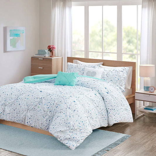 Metallic Printed And Pintucked Comforter Set, Aqua Blue