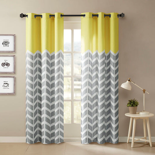 Chevron Printed Room Darkening Grommet Top Panel Pair, Yellow