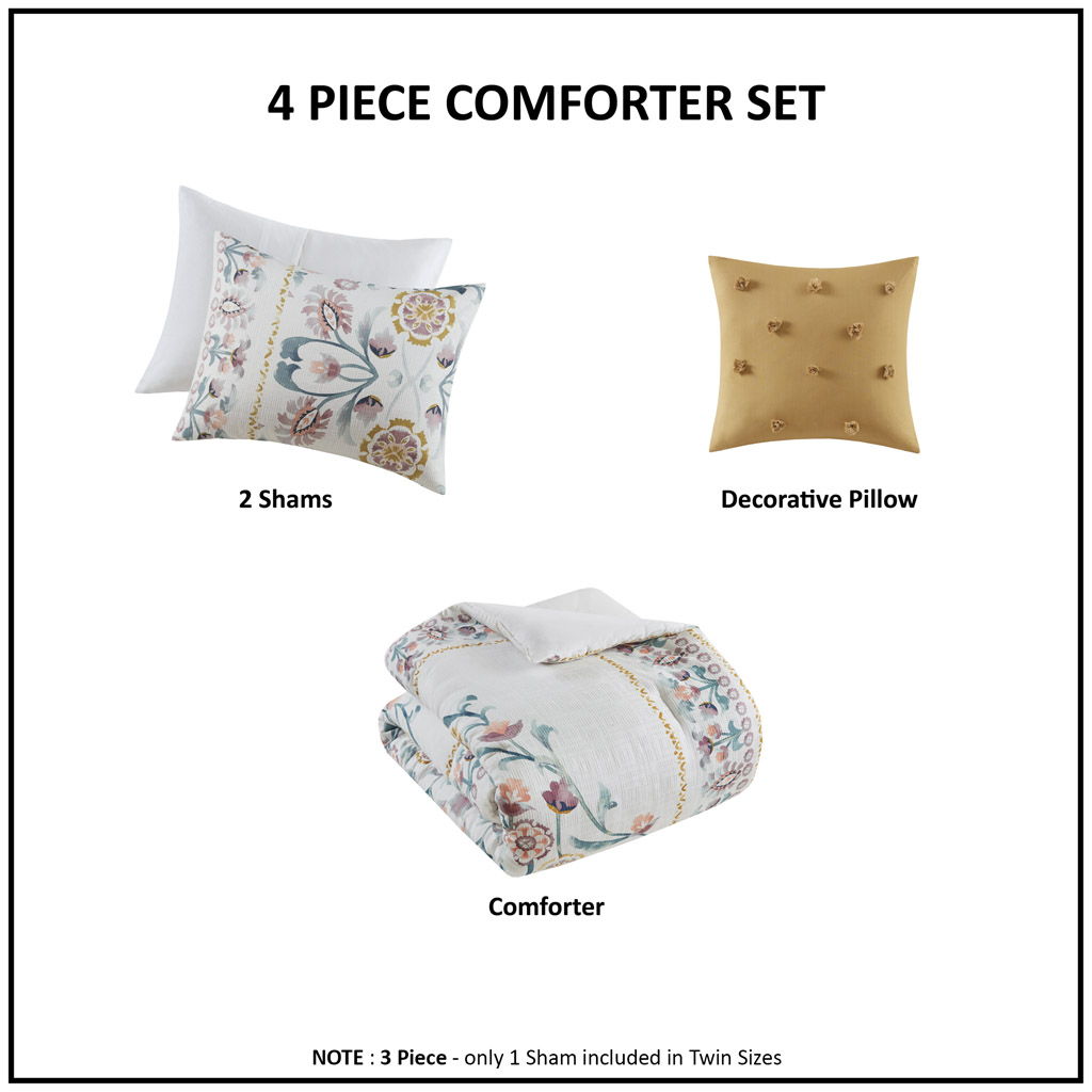 4 Piece Floral Comforter Set With Throw Pillow - Multi