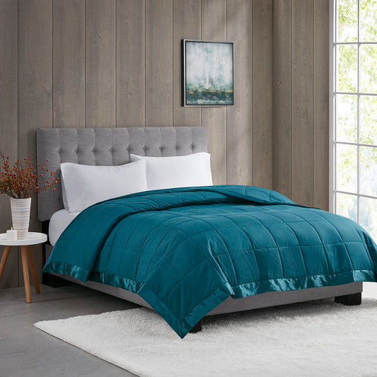 Lightweight Down Alternative Blanket With Satin Trim - Teal