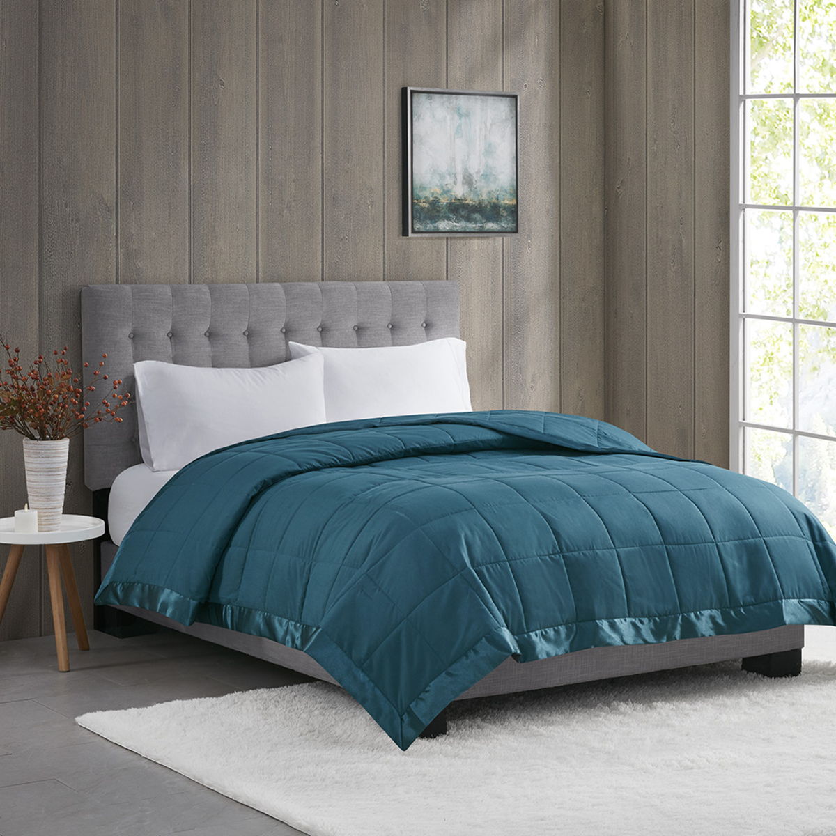 Lightweight Down Alternative Blanket With Satin Trim, Teal