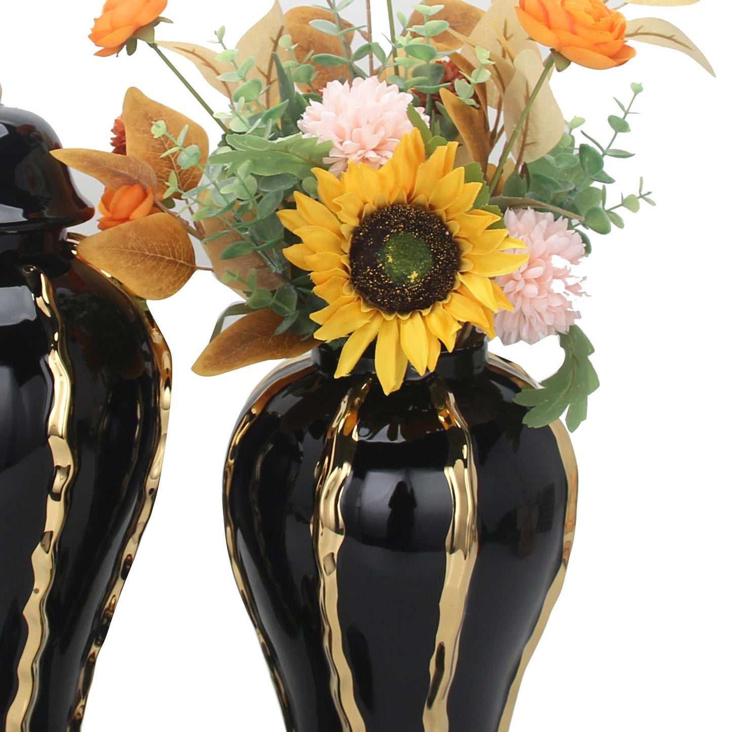 Elegant Black Ceramic Ginger Jar Vase With Gold Accents And Removable Lid - Timeless Home Decor