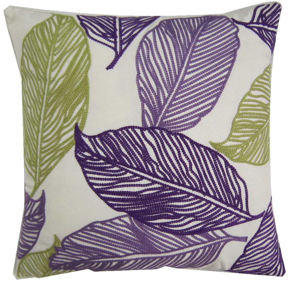 Purple - Green Leaves On Linen - Fabric