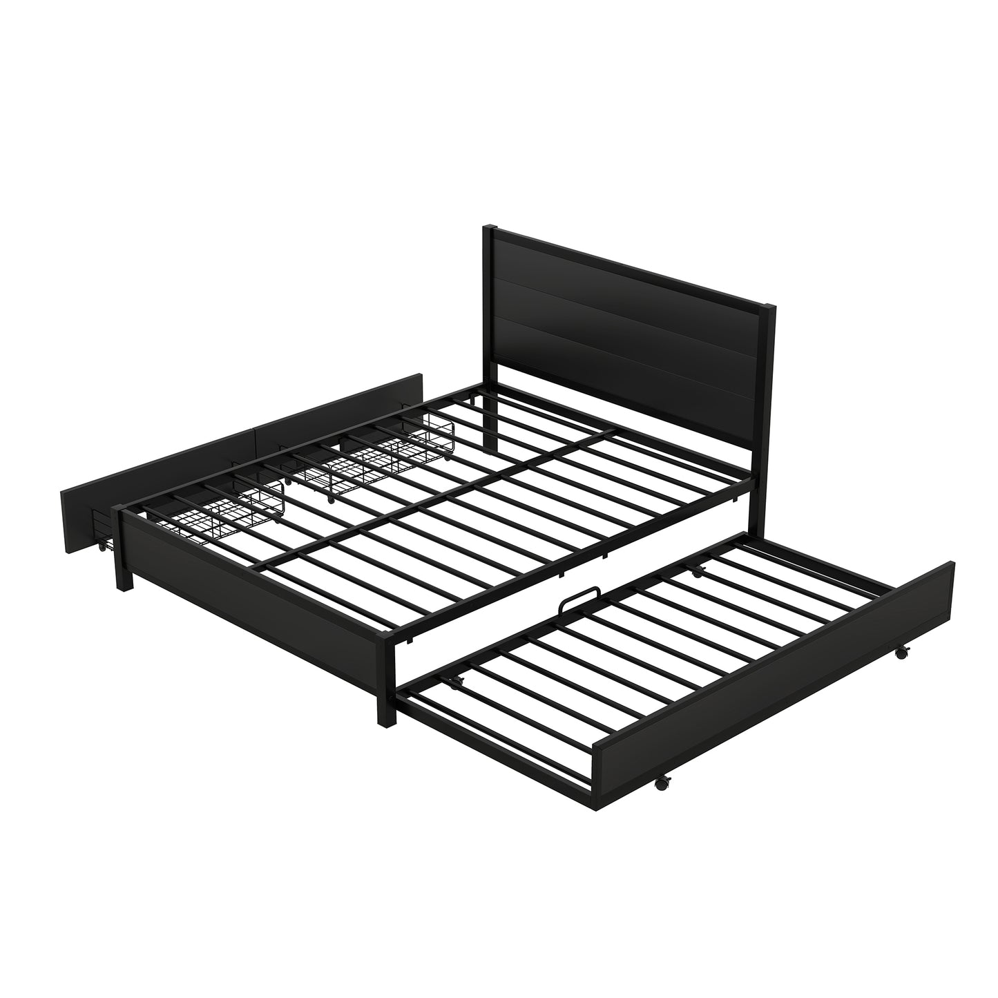 Metal Queen Size Storage Platform Bed with Twin Size Trundle and 2 Drawers, Black