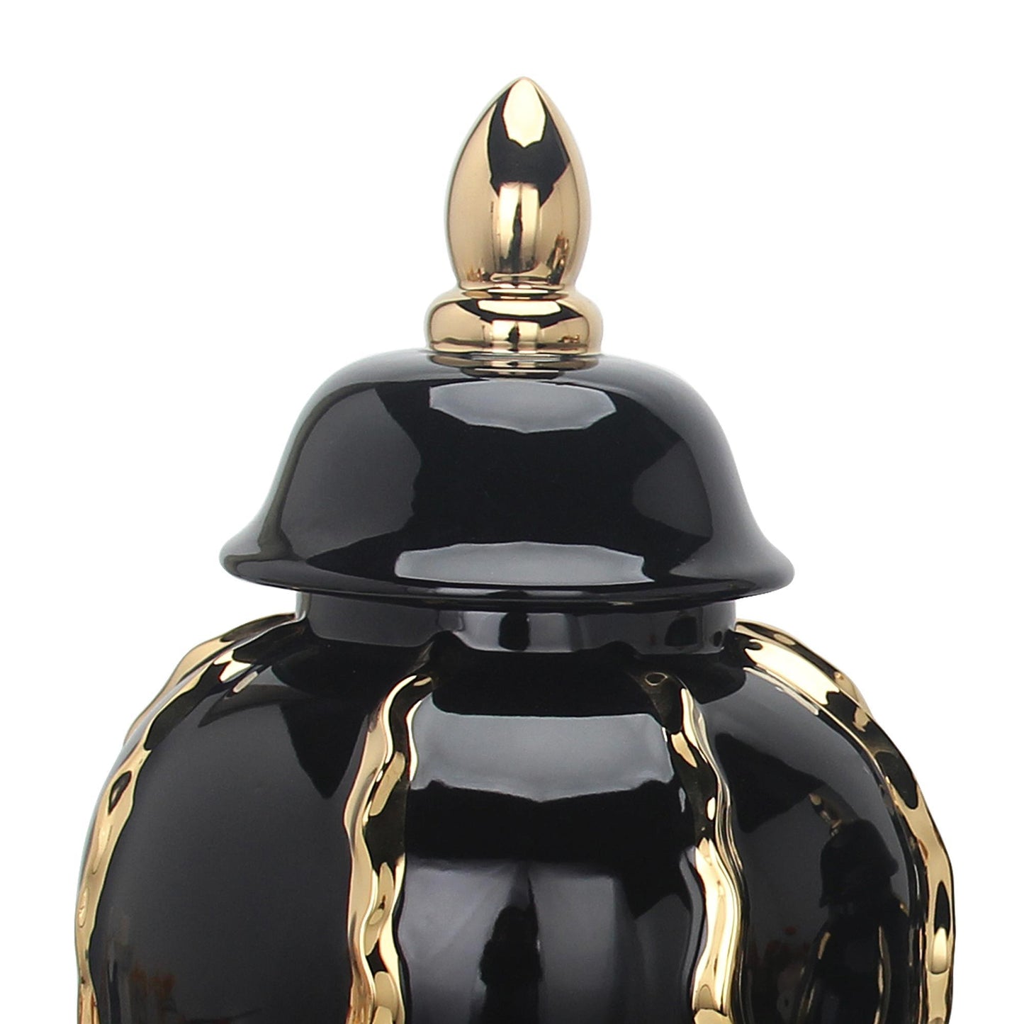 Elegant Ceramic Ginger Jar Vase With Gold Accents And Removable Lid - Timeless Home Decor Black