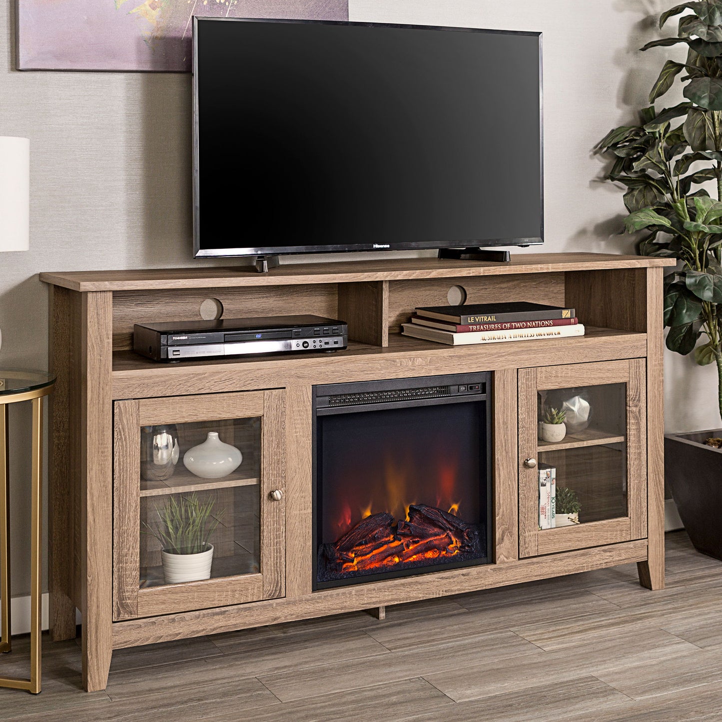 Classic Glass Door Fireplace Tall TV Stand For TVs Up To 65" - Driftwood