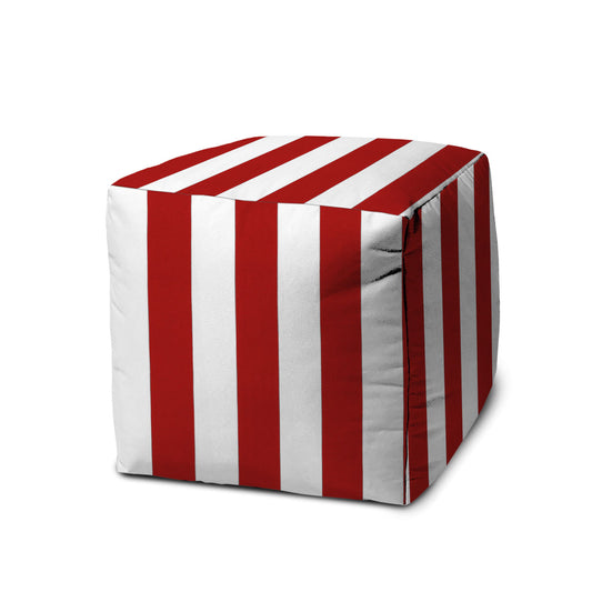 Cube Striped Indoor Outdoor Pouf Cover - Red / White