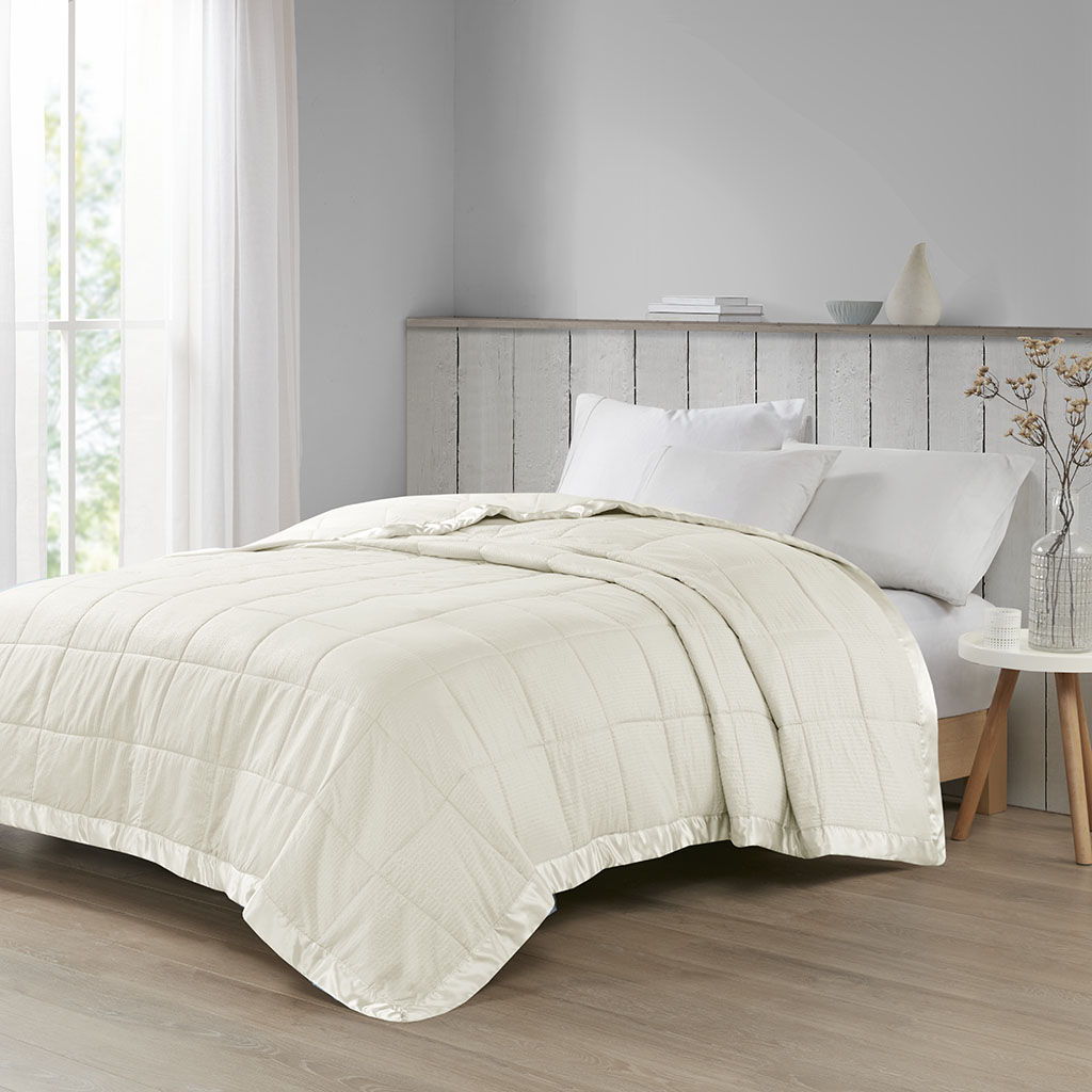 Oversized Down Alternative Blanket With Satin Trim - Ivory