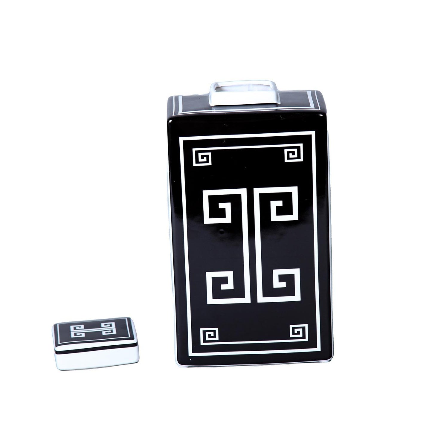 Rectangular Ceramic Decorative Jar With Black And White Geometric Design