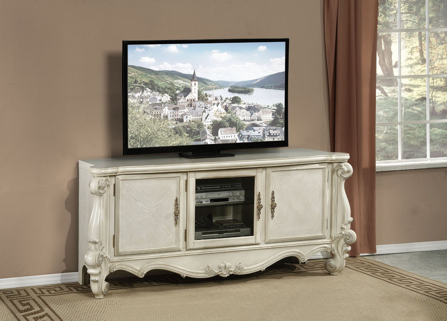 Wood Poly Resin Glass TV Console - Bone White