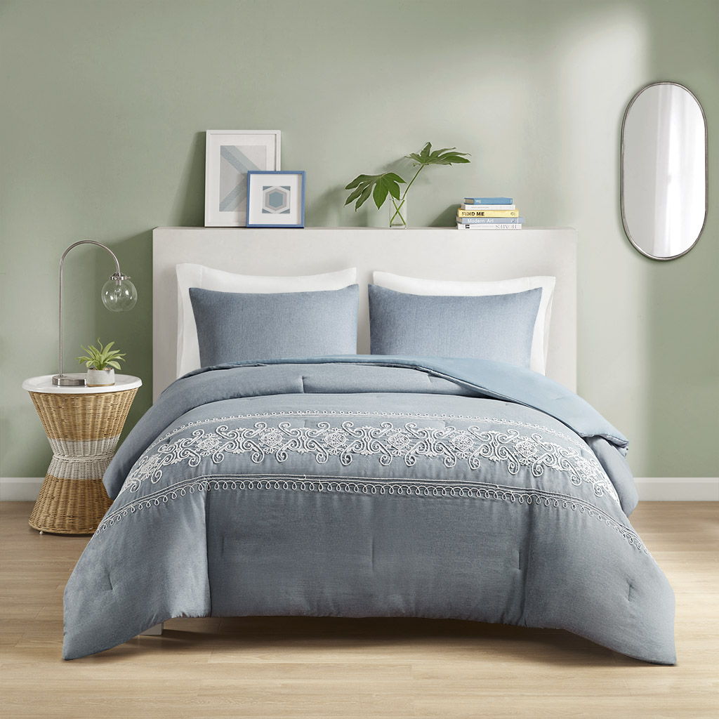 Embroidered Comforter Set - Blue