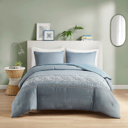 Embroidered Comforter Set - Blue