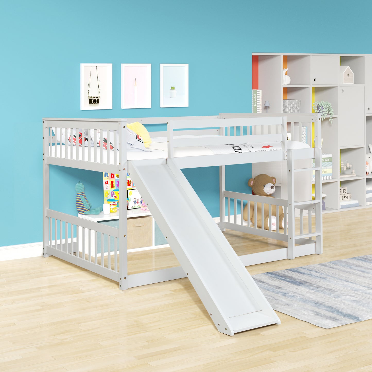 Full over Full Bunk Bed with Slide and Ladder in White Color