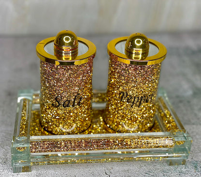 Ambrose Exquisite Salt & Pepper Canisters With Tray In Crushed Diamond Glass In Gift Box - Gold