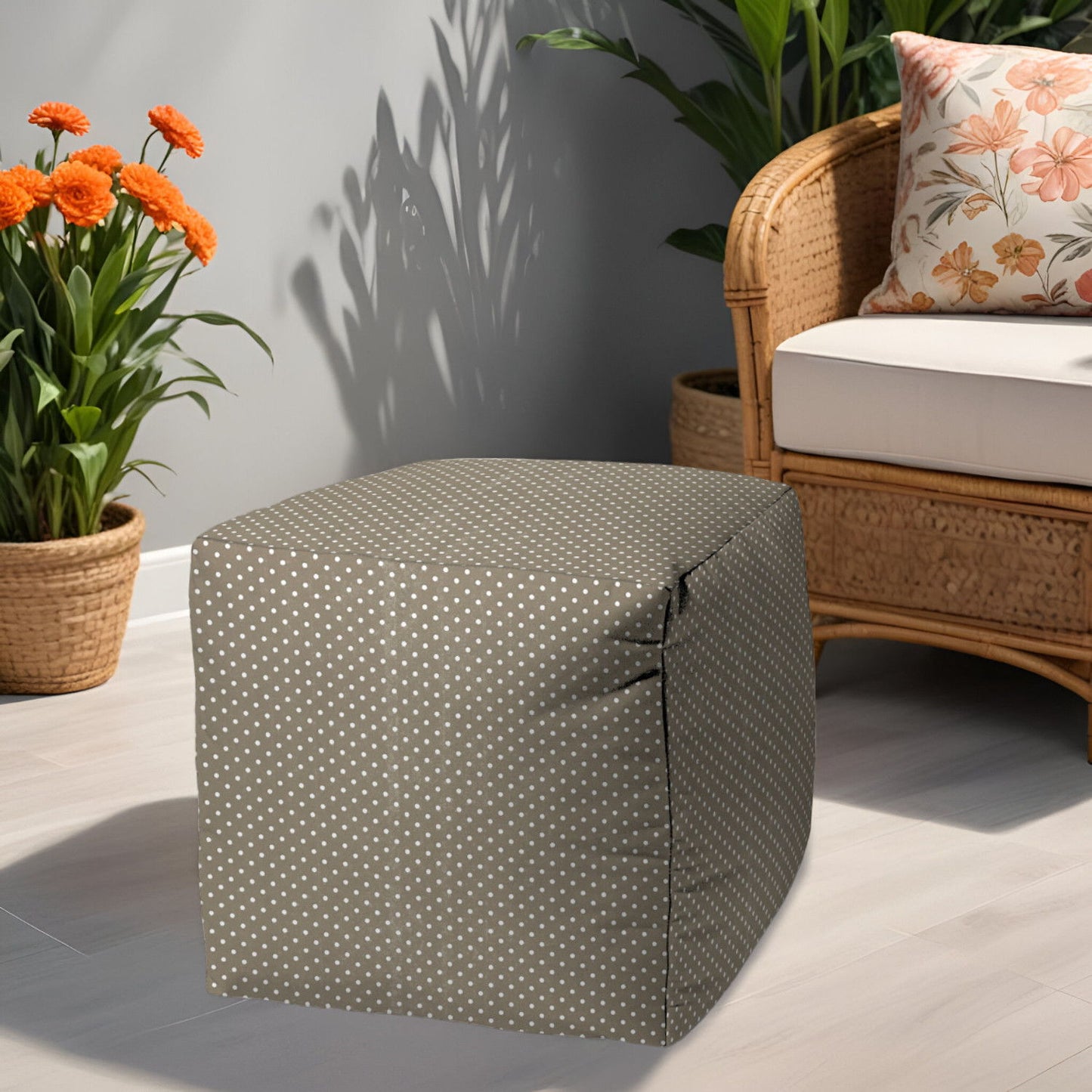 Polyester Cube Polka Dots Indoor Outdoor Pouf Ottoman - Taupe