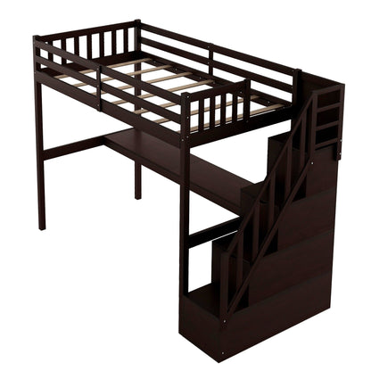 Twin Size Loft Bed with Built In Desk and Stairway - Espresso