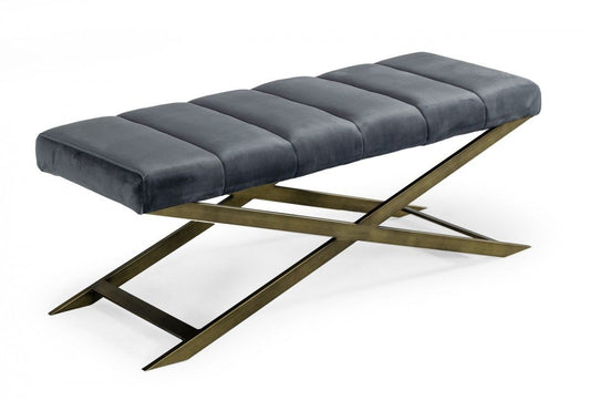 Upholstered Velvet Dining Bench - Gray / Gold