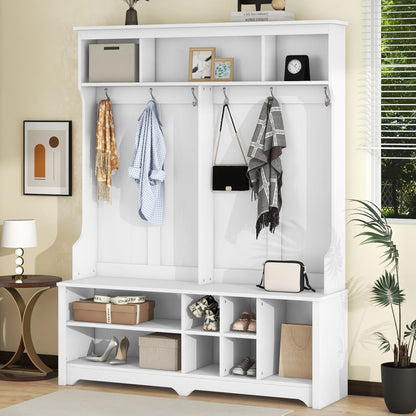 Modern Hallway Hall Tree With Metal Hooks And Storage Space, Multi-Functional Entryway Coat Rack With Shoe Cubbies, White