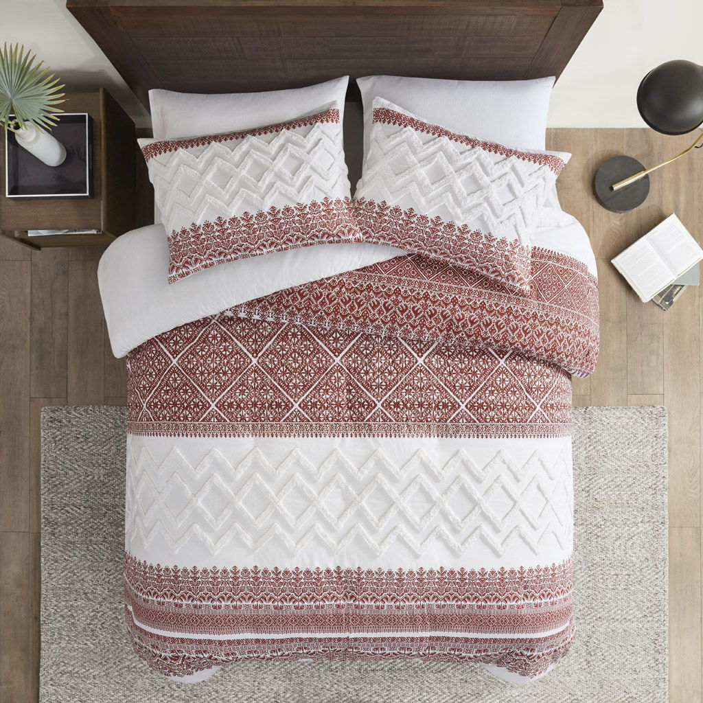 3 Piece Cotton Duvet Cover Set With Chenille Tufting - Auburn / Dark Red / Cotton