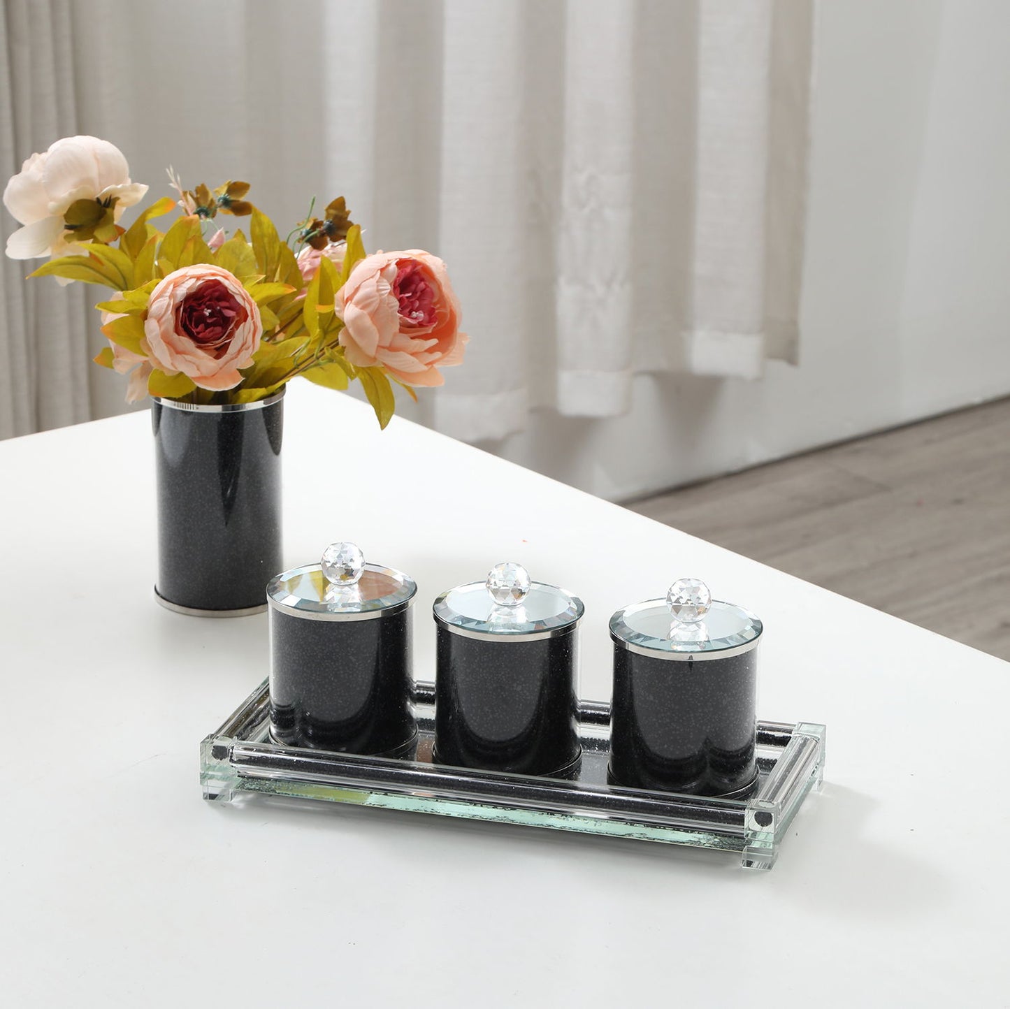 Ambrose Exquisite Tea, Sugar, Coffee Canisters With Tray In Crushed Diamond Glass In Gift Box - Black